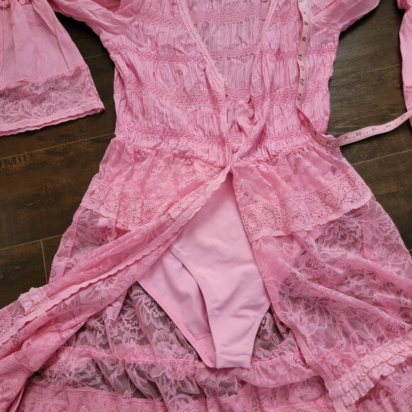 Free People Sweet Saloon Maxi Bodysuit Womens M Pink Lace Romance Enchanting - Picture 6 of 11